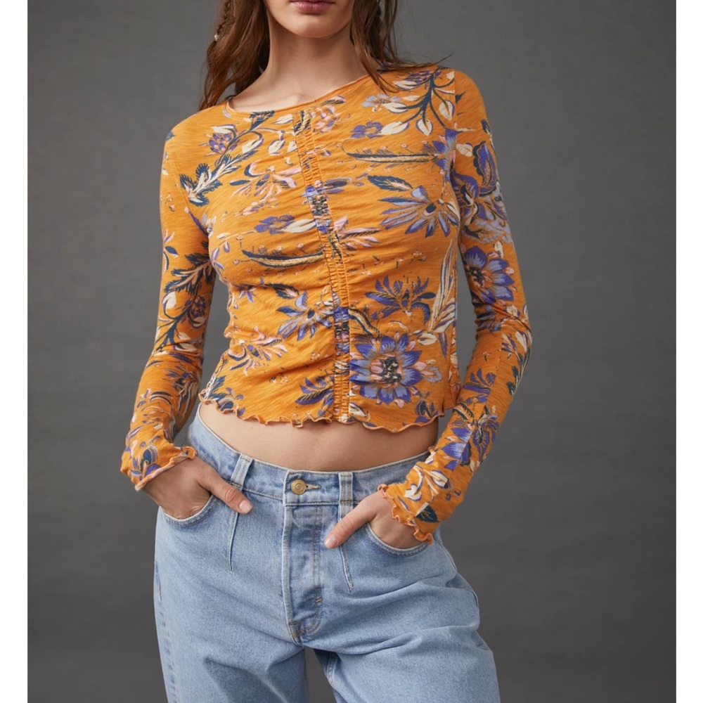 NWT Free People Honey Comb Long Sleeve Top Blouse Yellow Gold Blue Floral
